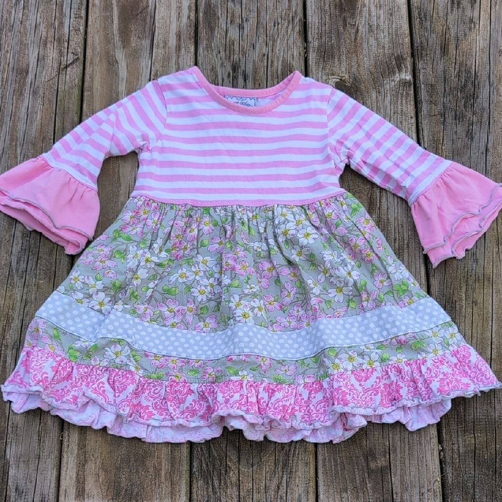 Three Sisters 18 Months Bell Sleeve Ruffle Skirt Dress Floral Pink White Stripes